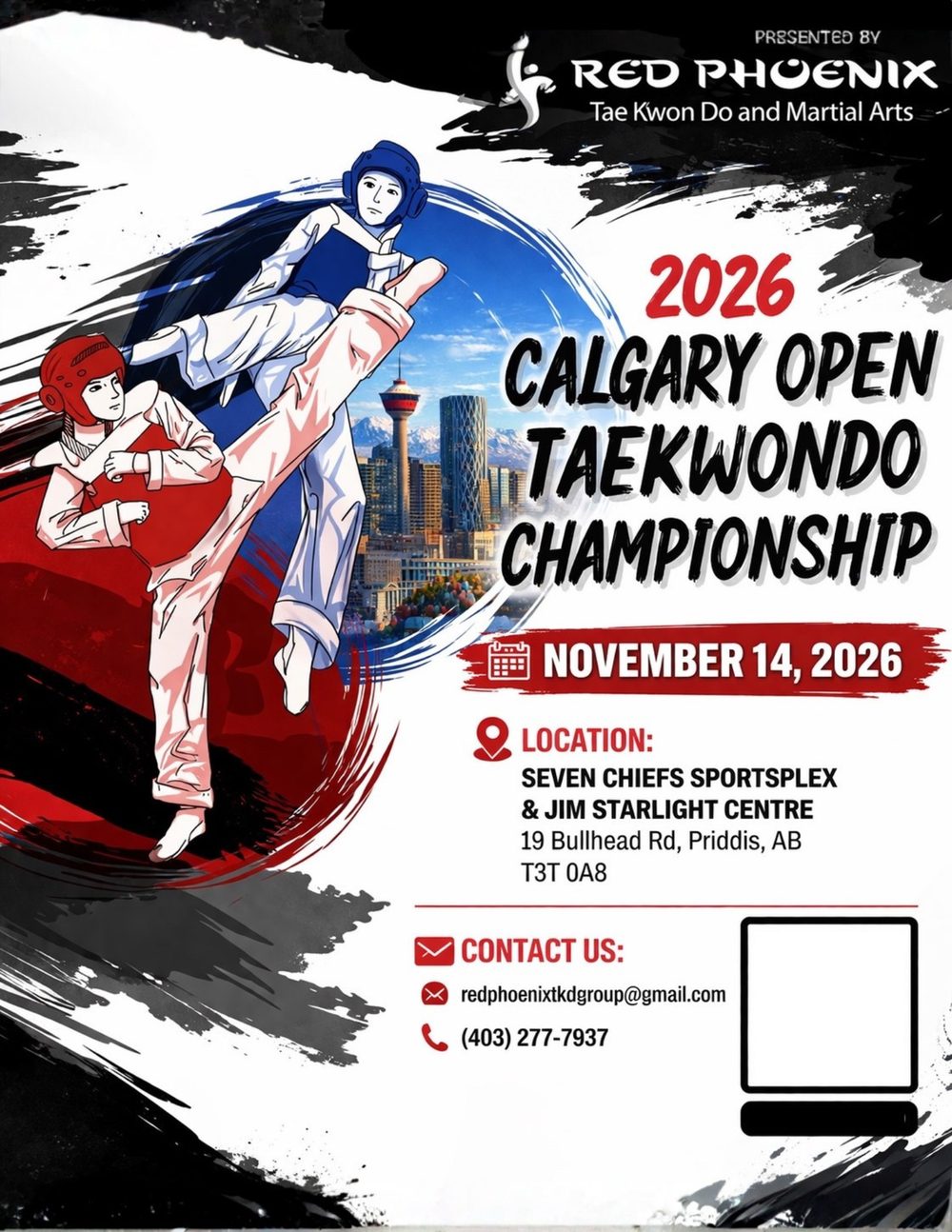Official 2026 Calgary Open Taekwondo Championship poster: two taekwondo athletes mid-kick over the Calgary skyline, with the date November 14, 2026 and the venue, Seven Chiefs Sportsplex & Jim Starlight Centre in Priddis, Alberta.